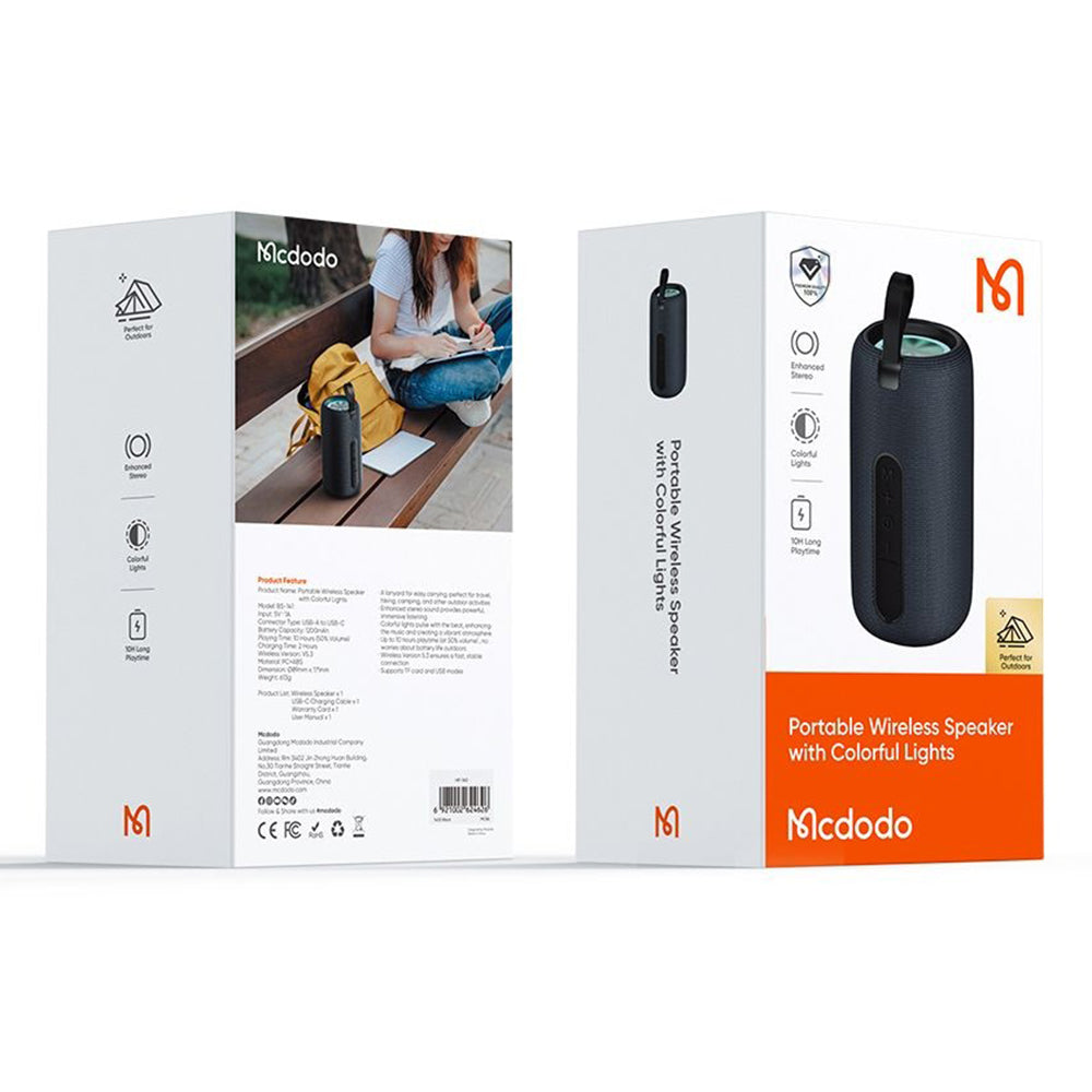 Tragbarer Bluetooth-Lautsprecher McDodo BS-1410, 2 x 5W, RGB, wasserdicht, Schwarz
