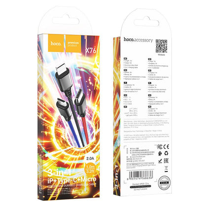 USB-A-Ladekabel - Lightning / microUSB / USB-C HOCO X76 3in1, 18W, 1m, Mehrfarbig