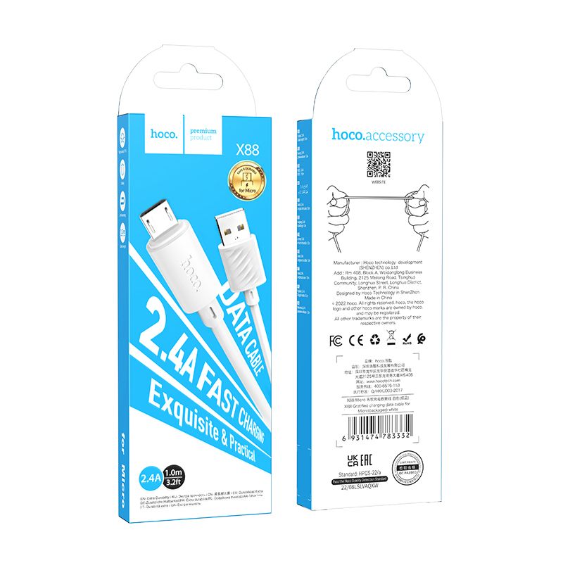 HOCO X88 USB-A - microUSB Data and Charging Cable, 18W, 1m, White 
