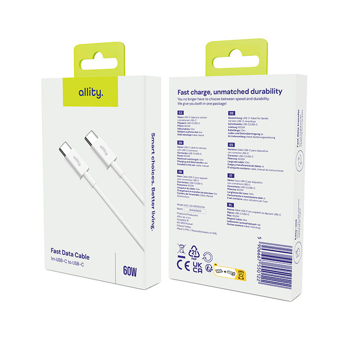 USB-C Daten- und Ladekabel - USB-C Allity. AUC-03, 100W, 2m, Weiß