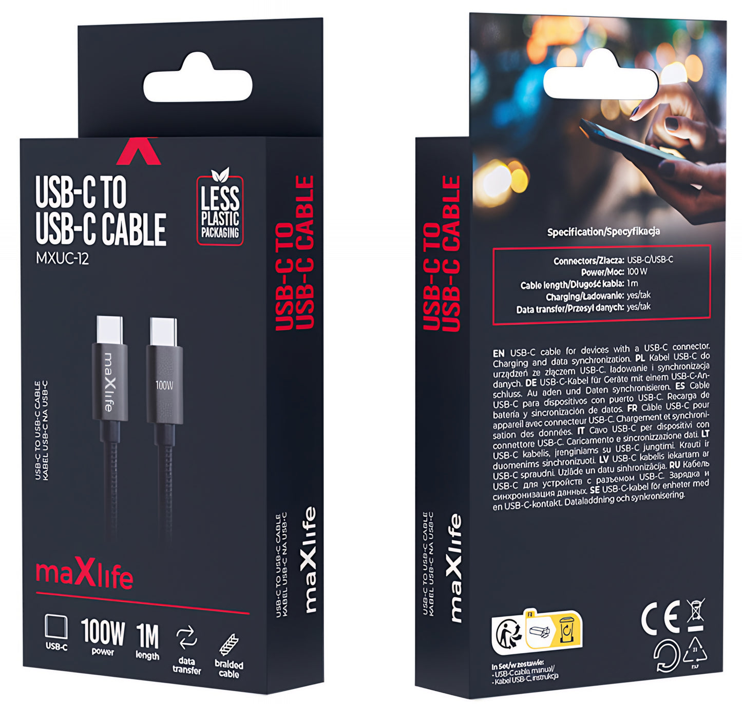 USB-C Data and Charging Cable - USB-C MaXlife MXUC-12, 100W, 1m, Black