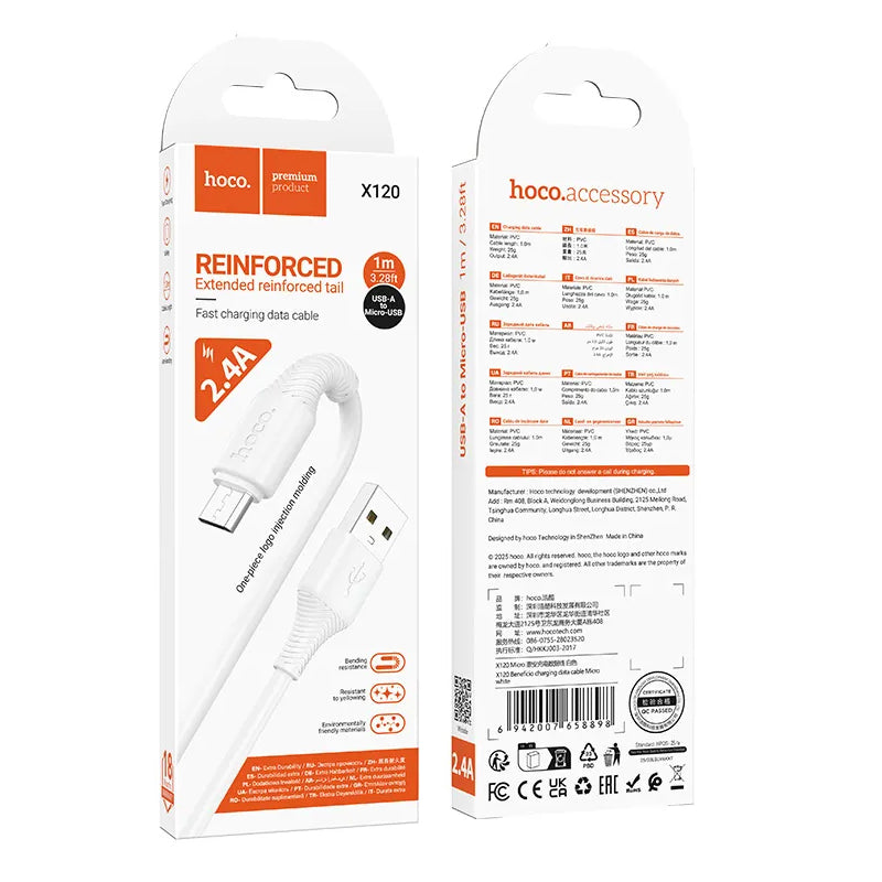 Daten- und Ladekabel USB-A - microUSB HOCO X120, 18W, 1m, Weiß