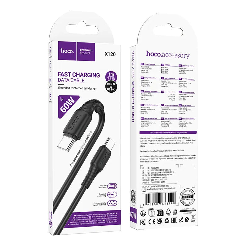 USB-C Daten- und Ladekabel - USB-C HOCO X120, 60W, 1m, Schwarz