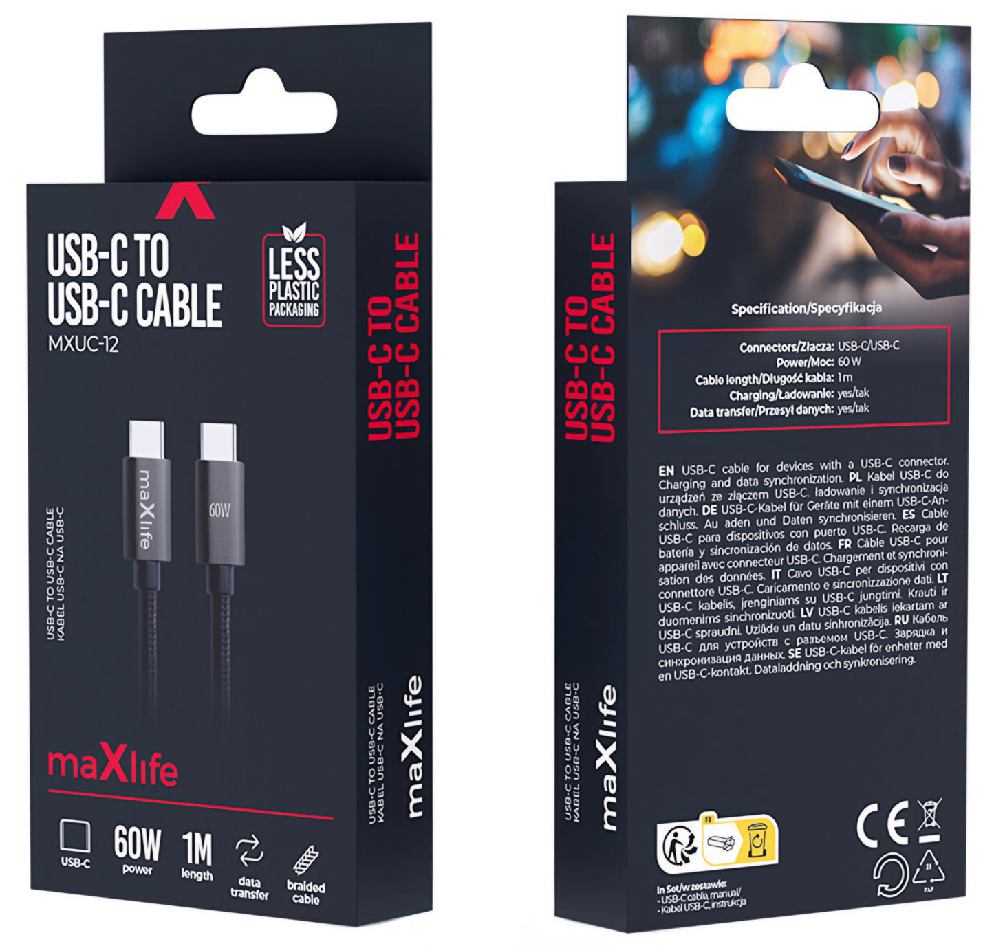 USB-C Data and Charging Cable - USB-C MaXlife MXUC-12, 60W, 1m, Black