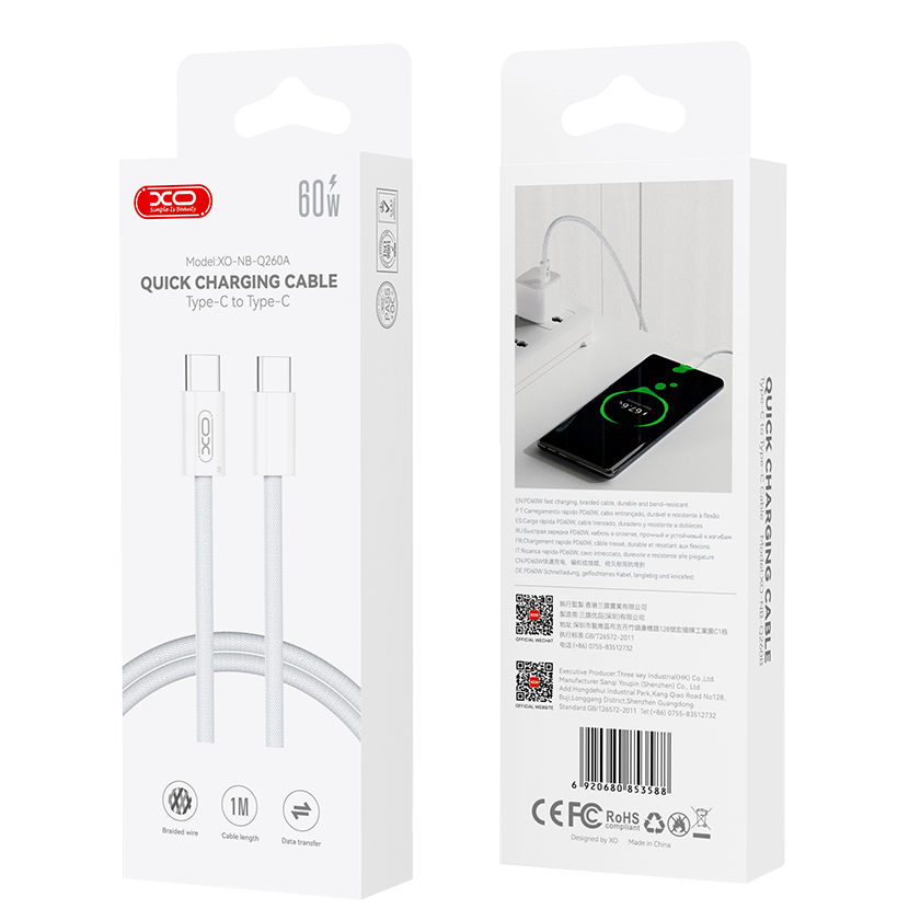 Daten- und Ladekabel USB-C - USB-C XO Design NB-Q260A, 60W, 1m, Weiß