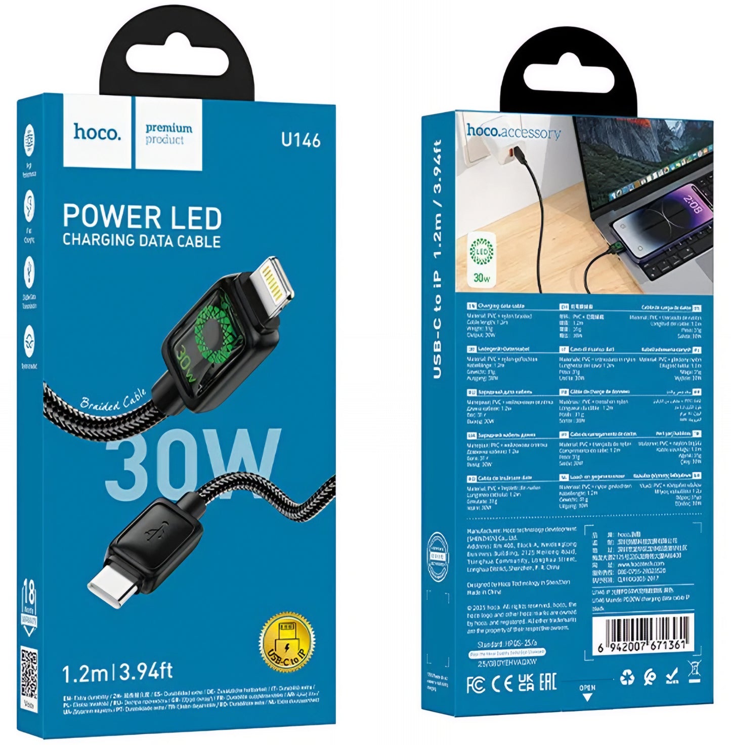 Daten- und Ladekabel USB-C - Lightning HOCO U146, 30W, 1.2m, Schwarz