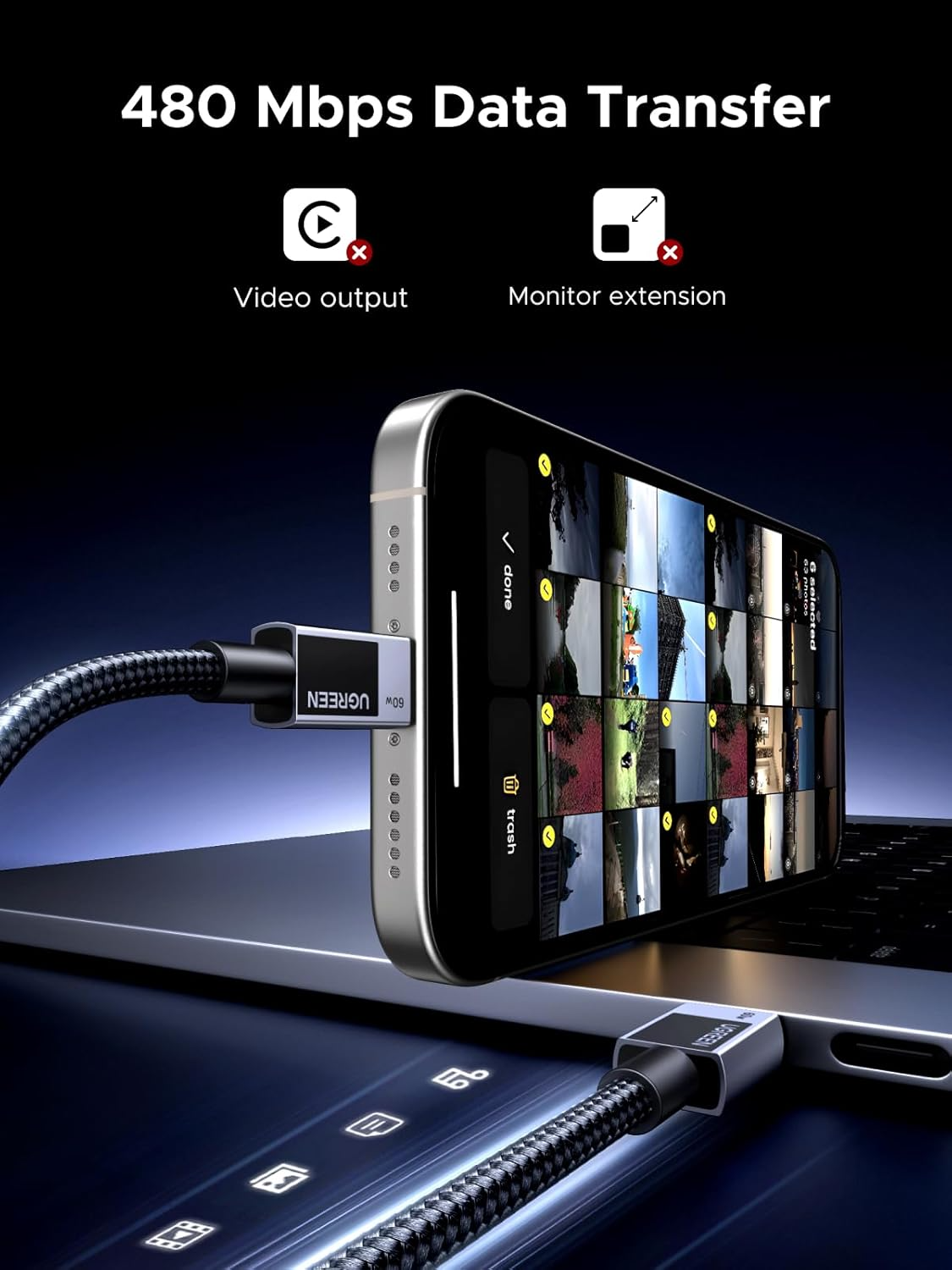 USB-C zu USB-C Daten- und Ladekabel UGREEN L524, 60W, 2m, Grau