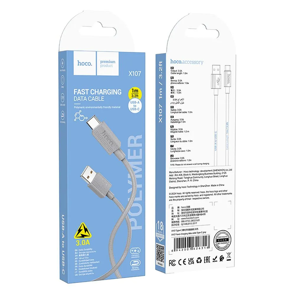 Daten- und Ladekabel USB-A - USB-C HOCO X107, 18W, 1m, Weiß