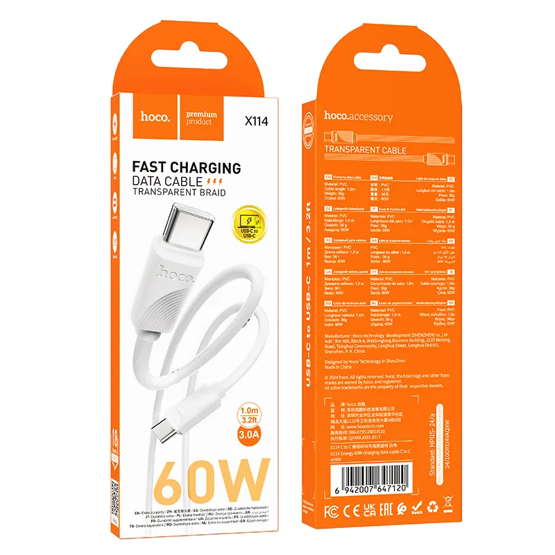 Daten- und Ladekabel USB-C - USB-C HOCO X114, 60W, 1m, Weiß