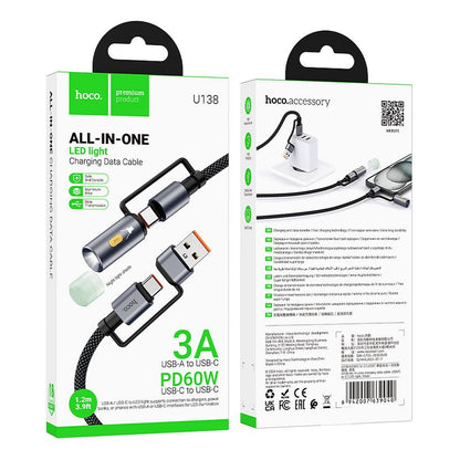Daten- und Ladekabel USB-C / USB-A - USB-C / LED HOCO U138, 60W, 1.2m, Schwarz