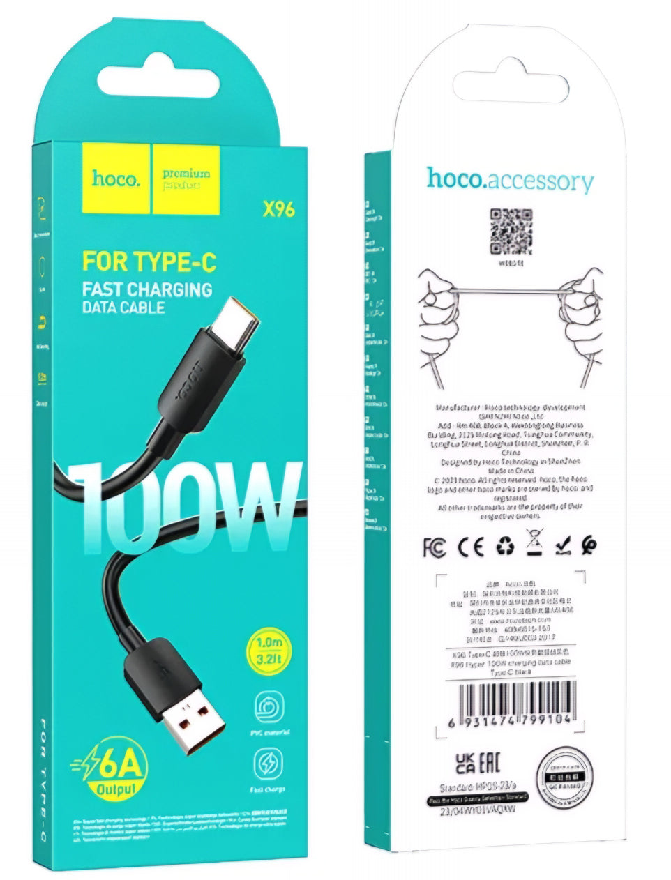 HOCO X96 USB-A auf USB-C Kabel 100W 1m | Schwarz | 6A