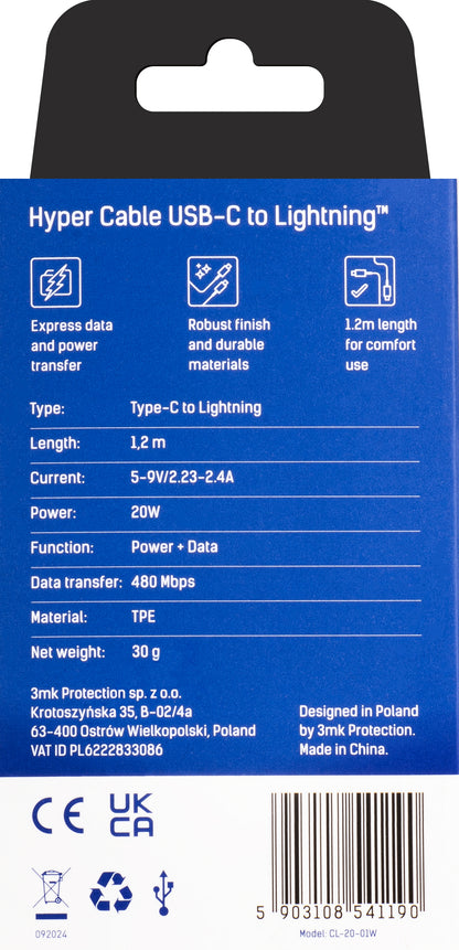Daten- und Ladekabel USB-C - Lightning 3MK Hyper, 20W, 1,2m, Weiß