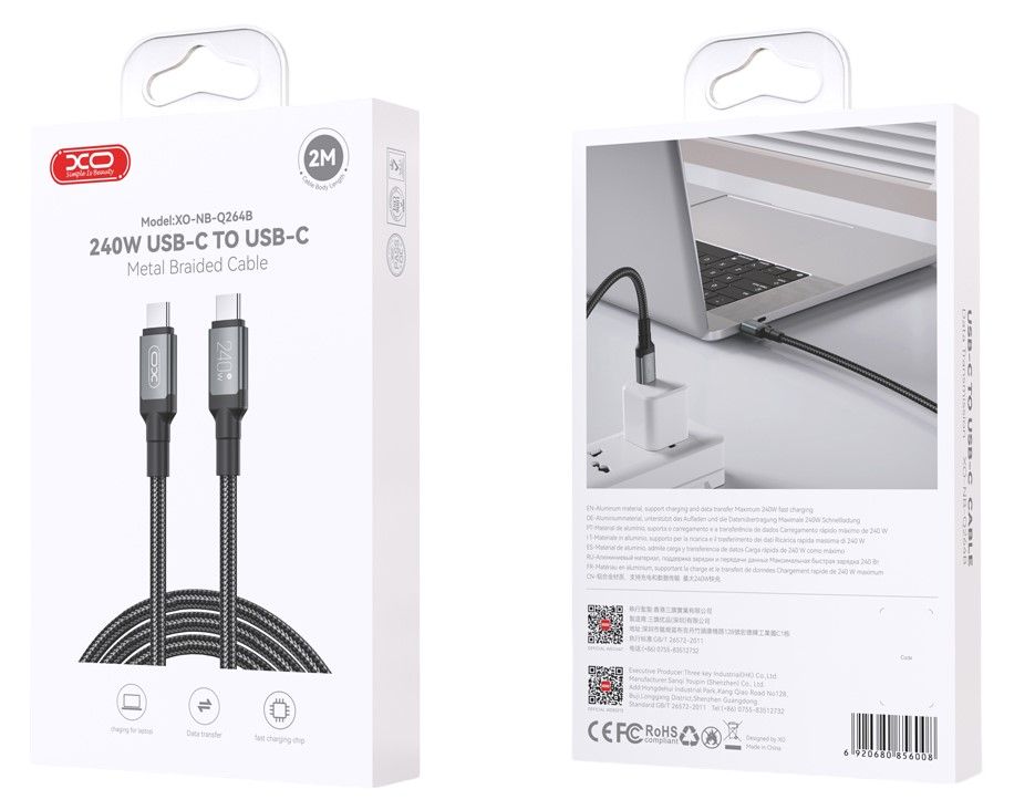 USB-C Data and Charging Cable - USB-C XO Design NB-Q264B, 240W, 2m, Black