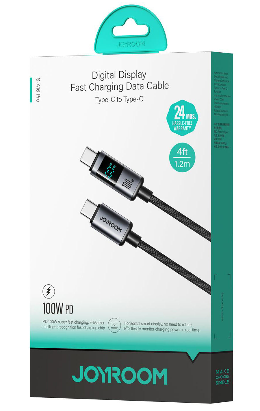 USB-C Daten- und Ladekabel - USB-C Joyroom S-A16 Pro Prism Display, 100W, 1,2m, Schwarz