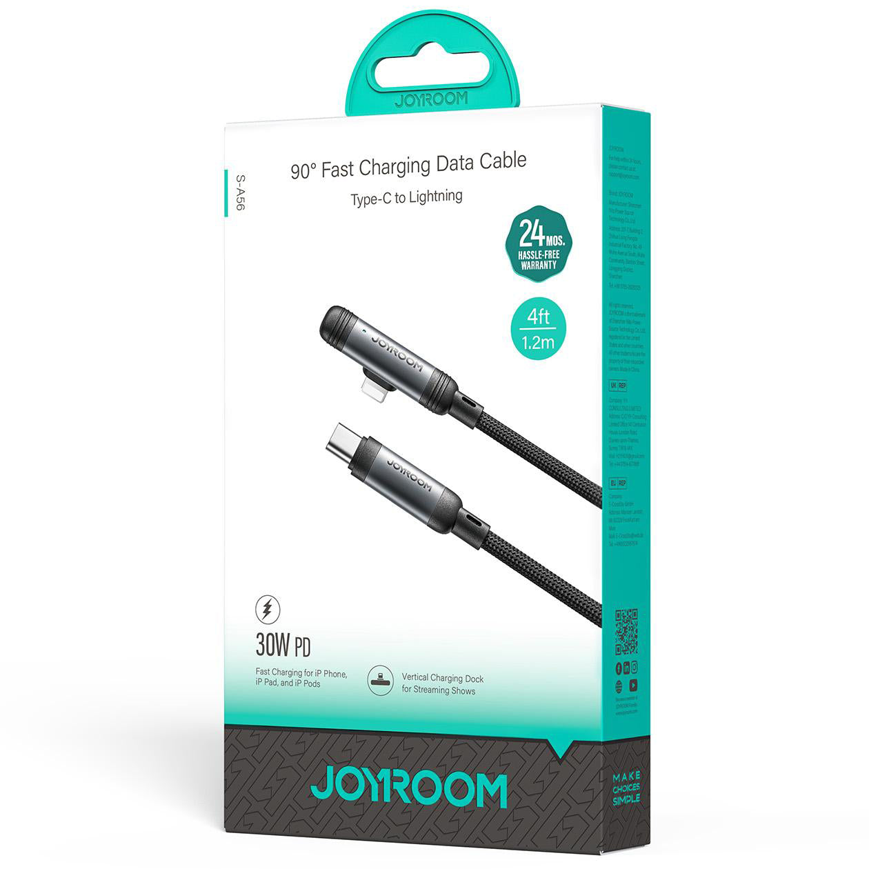 Daten- und Ladekabel USB-C - Lightning Joyroom S-A56 EnjoyX Angled, 30W, 1.2m, Schwarz