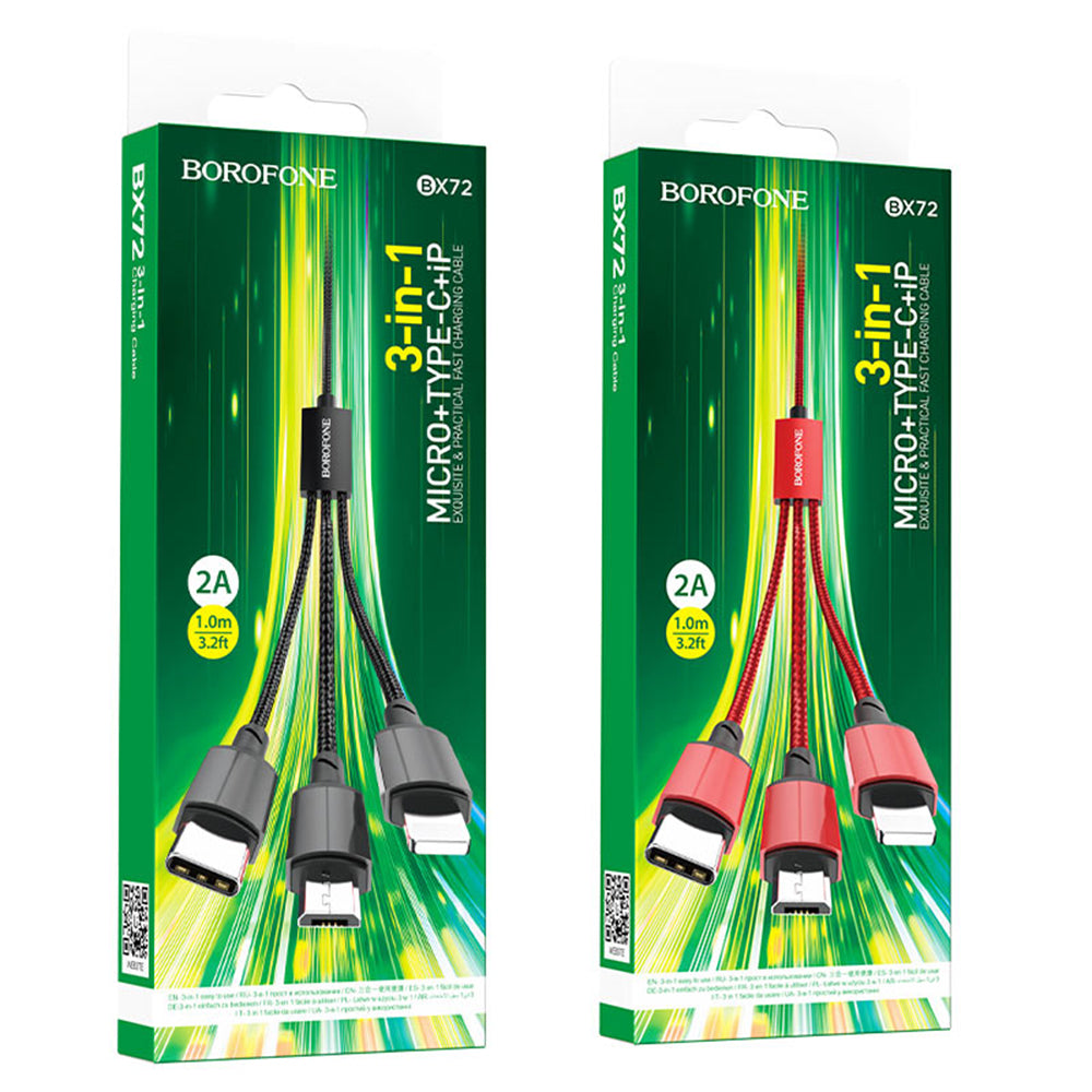 Ladekabel USB-A - Lightning / microUSB / USB-C Borofone BX72, 18W, 1m, Schwarz