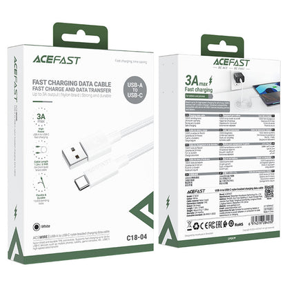 USB-A to USB-C Data and Charging Cable Acefast C18-04, 18W, 1.2m, White