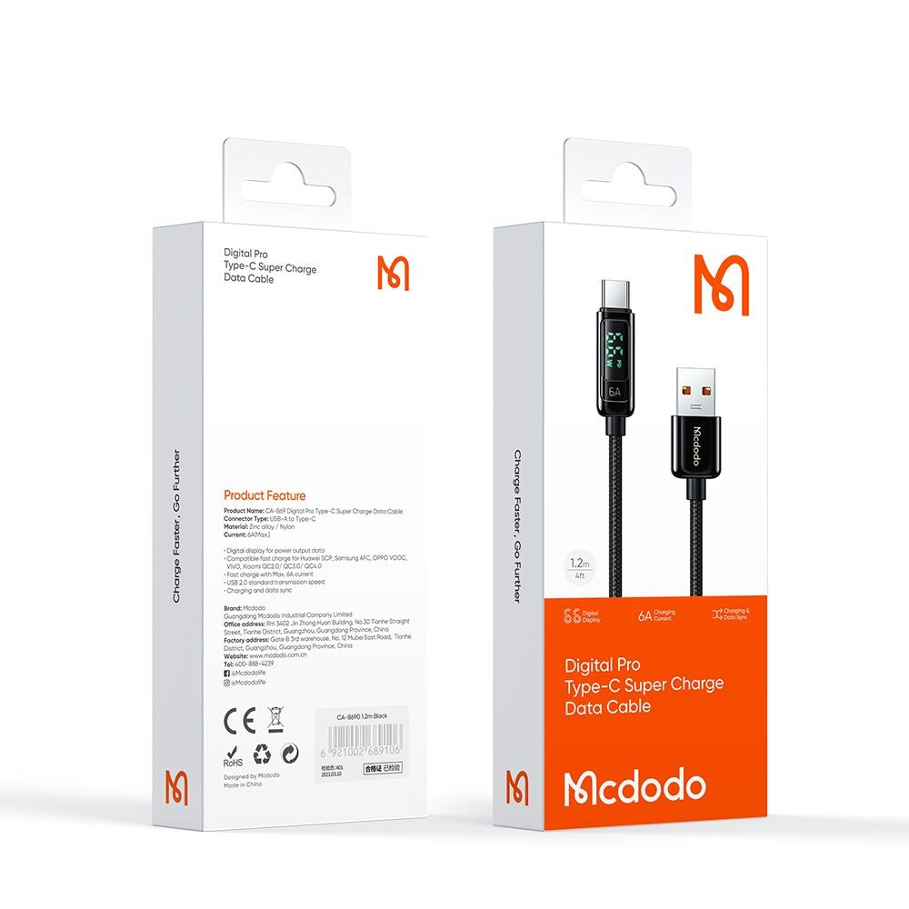 USB-A to USB-C McDodo CA-8690 Data and Charging Cable, 66W, 1.2m, Black