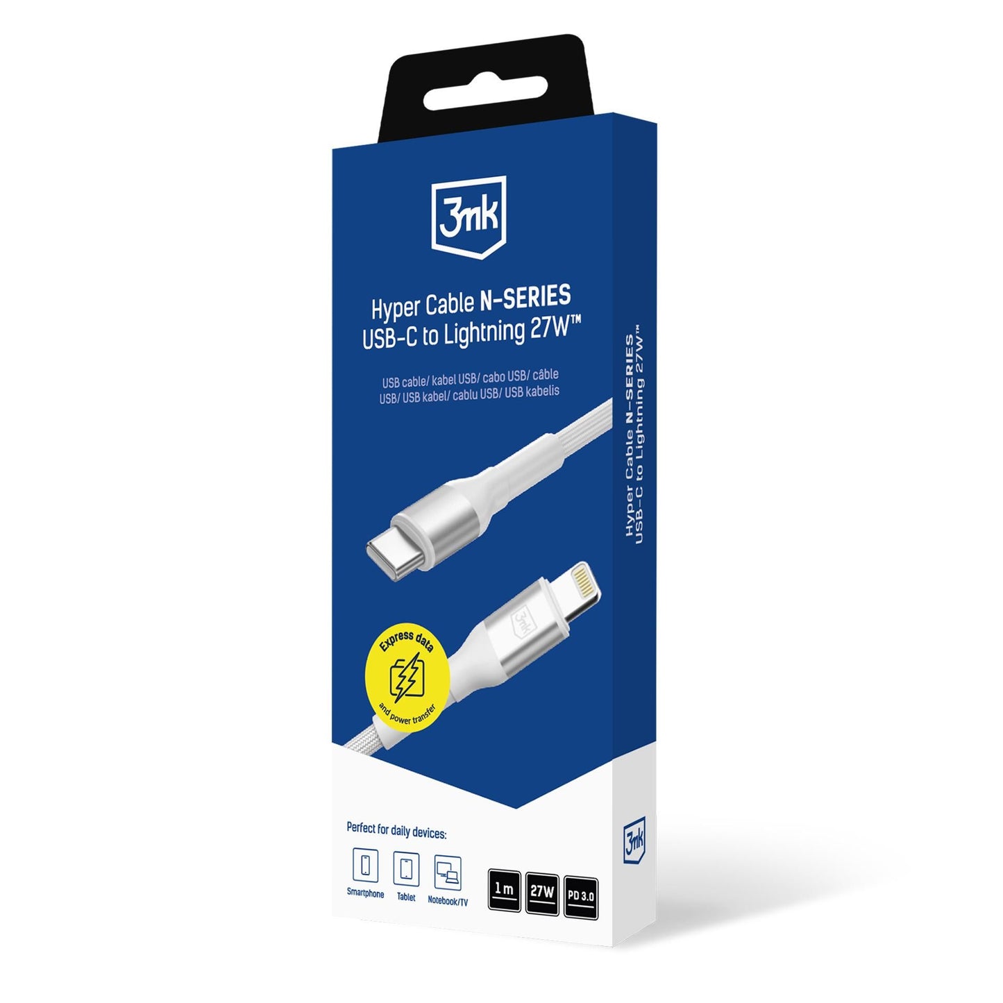 USB-C - Lightning Daten- und Ladekabel 3MK Hyper N, 27W, 1m, Weiß