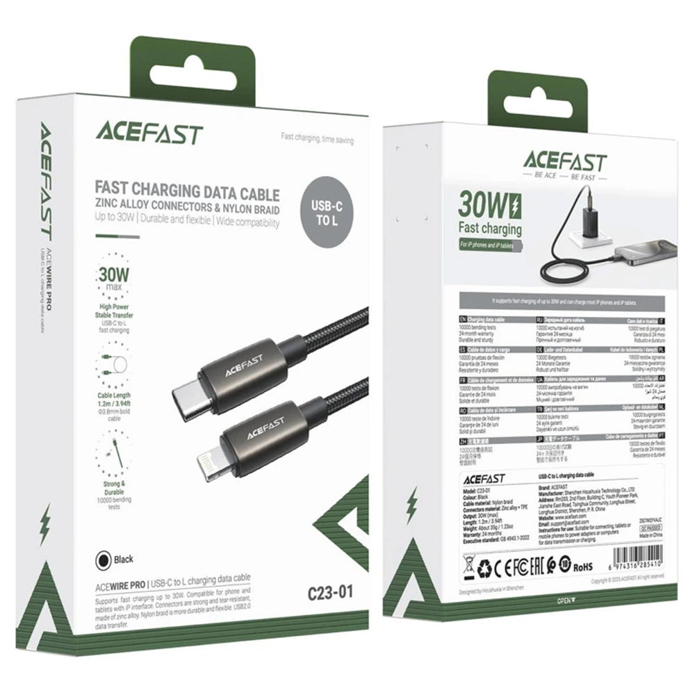 USB-C - Lightning Lade- und Datenkabel Acefast C23-01, 30W, 1.2m, Schwarz