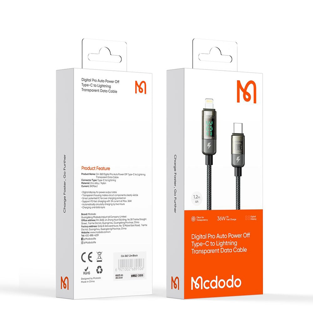 USB-C - Lightning McDodo CA-3600 Daten- und Ladekabel mit Auto Power Off Display, 36W, 1.2m, Schwarz