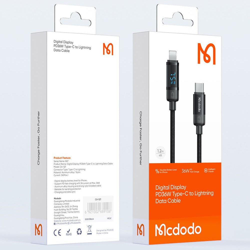 Daten- und Ladekabel USB-C - Lightning McDodo CA-5210 Bat Display, 36W, 1.2m, Schwarz