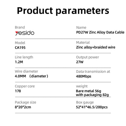 USB-C - Lightning Daten- und Ladekabel Yesido CA195, 27W, 1.2m, Schwarz
