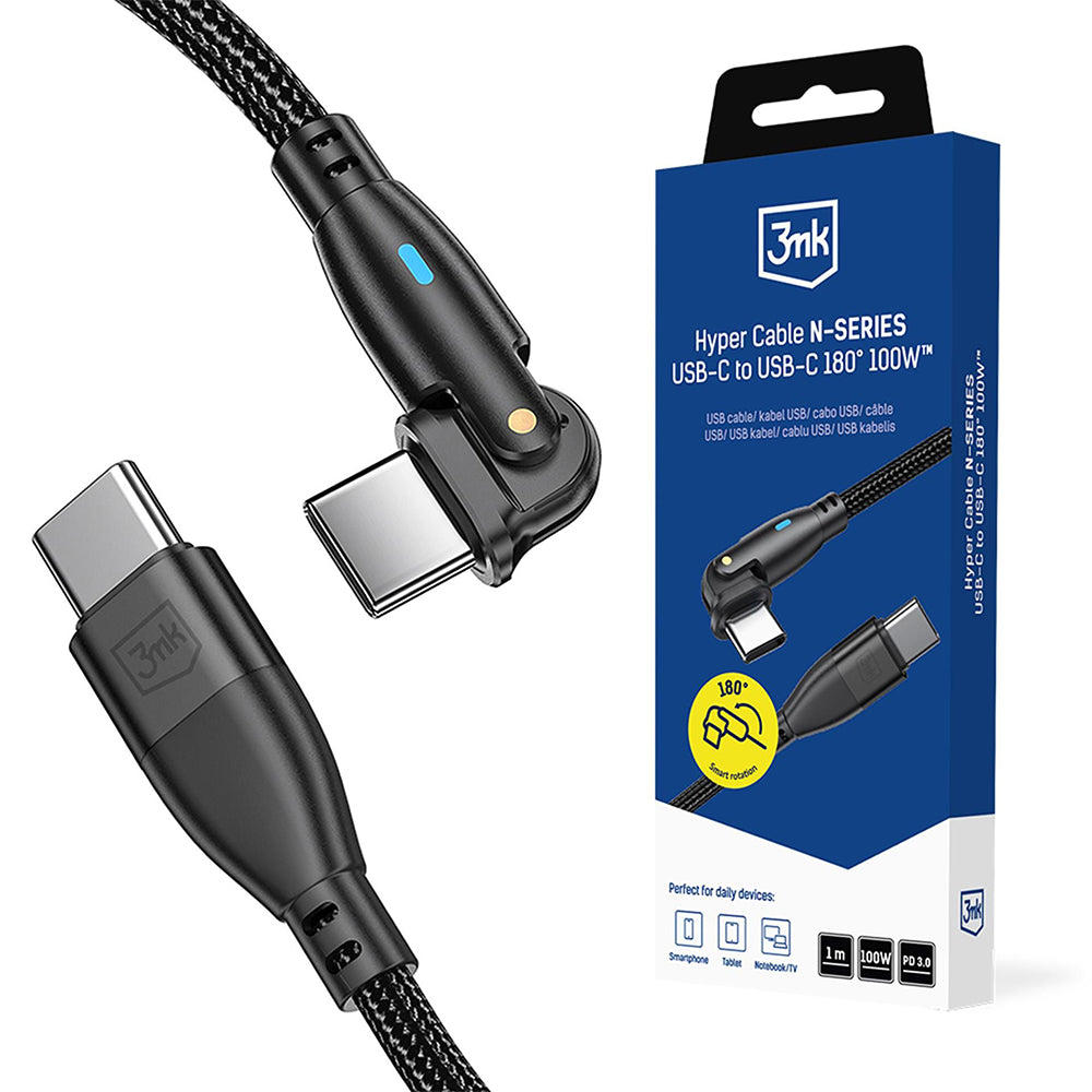 USB-C Daten- und Ladekabel - USB-C 3MK Hyper N Angled, 100W, 1m, Schwarz