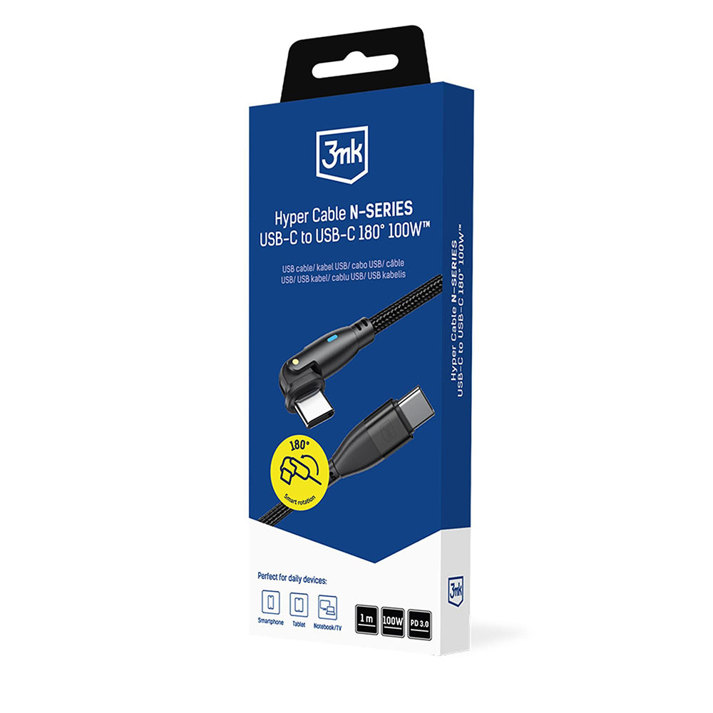 USB-C Daten- und Ladekabel - USB-C 3MK Hyper N Angled, 100W, 1m, Schwarz