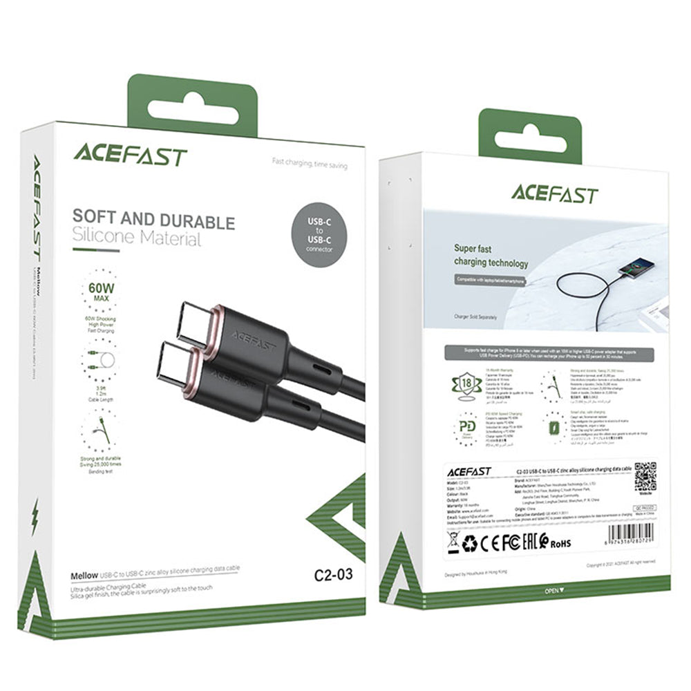 USB-C Data and Charging Cable - USB-C Acefast C2-03, 60W, 1.2m, Black
