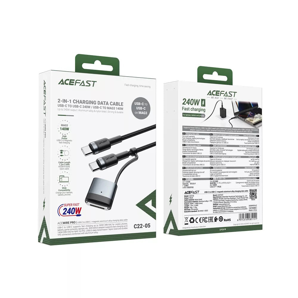 Acefast Ladekabel, USB-C - USB-C / MagSafe 3, 240W, 1.2m, Schwarz