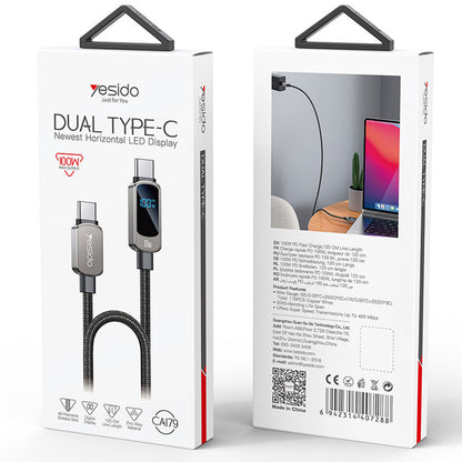 USB-C Daten- und Ladekabel - USB-C Yesido CA179 Display, 100W, 1.2m, Schwarz