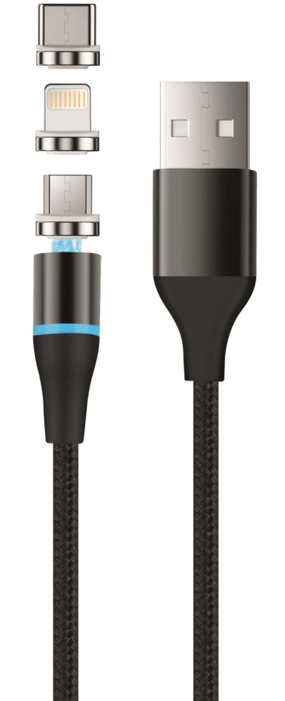 Ladekabel USB-A - Lightning / microUSB / USB-C Setty Magnetic DT 3in1, 12.5W, 1m, Schwarz