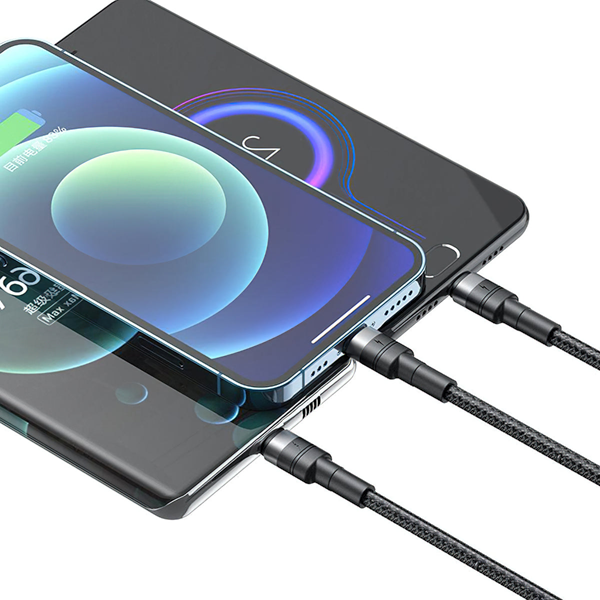 Ladekabel USB-A - Lightning / microUSB / USB-C XO Design NB-Q191 3in1, 66W, 1.2m, Schwarz