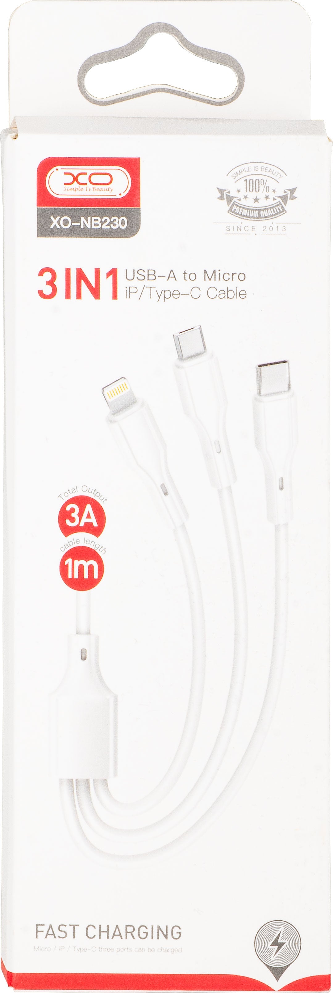 Ladekabel USB-A - Lightning / microUSB / USB-C XO Design NB230 3in1, 20W, 1m, Weiß