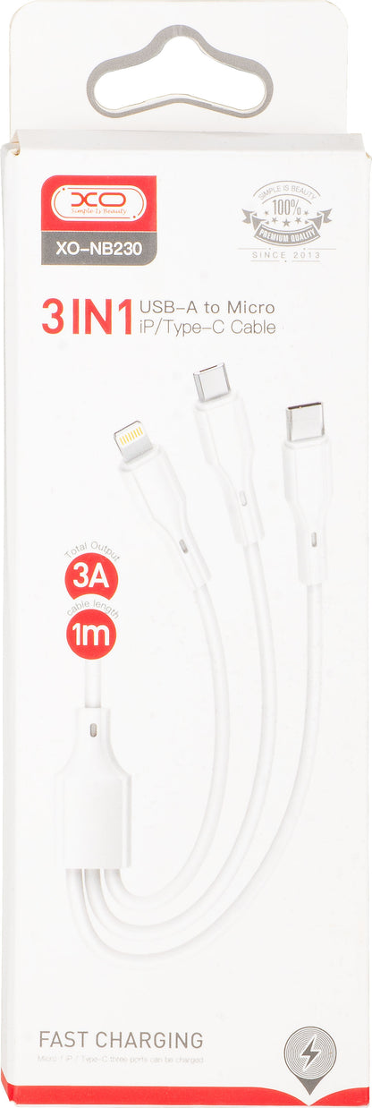 Ladekabel USB-A - Lightning / microUSB / USB-C XO Design NB230 3in1, 20W, 1m, Weiß