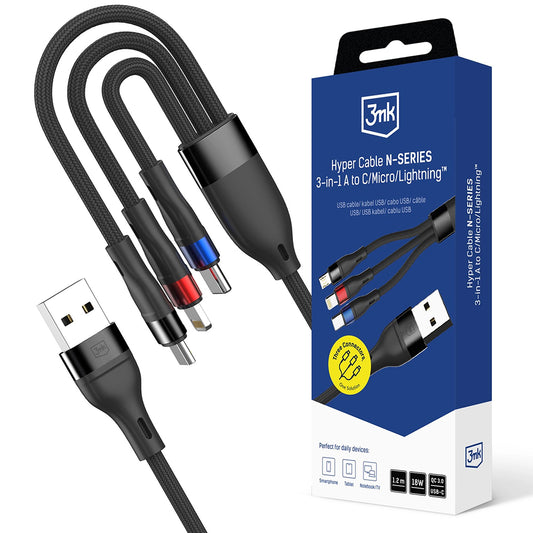 Ladekabel USB-A - Lightning / microUSB / USB-C 3MK Hyper N, 18W, 1,2m, Schwarz