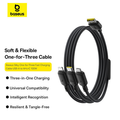 USB-A - Lightning / microUSB / USB-C Baseus Silky 3in1 Ladekabel, 100W, 1.5m, Schwarz P10377705123-00