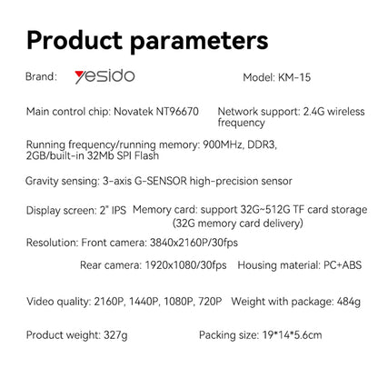 Yesido KM15 Front and Rear Car Camera, 4K, Wi-Fi, 2-inch Display