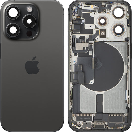 Apple iPhone 15 Pro Battery Cover, With Middle Case, Full Parts, Black (Black Titanium), Swap