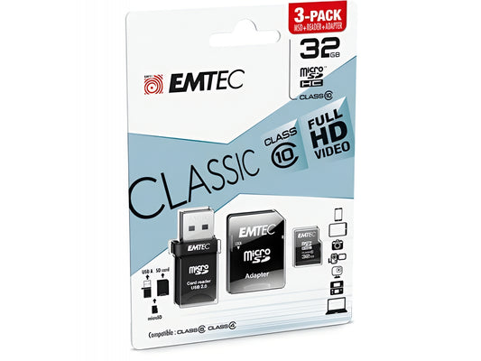 Speicherkarte microSDHC Emtec C10 Classic, 32Gb, Klasse 10, mit Kartenleser und Adapter ECMSDM32GHC10CGRA2