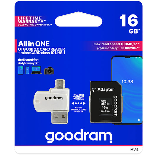 GoodRam microSDHC Speicherkarte, 16GB, Klasse 10 / UHS-1 U1, mit Kartenleser und Adapter M1A4-0160R12