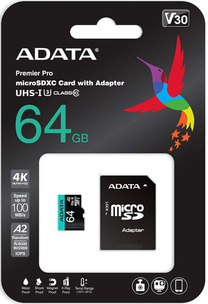 Adata Premier Pro microSDXC Speicherkarte, 64Gb, Klasse 10 / UHS-1 U3, mit Adapter AUSDX64GUI3V30SA2-RA1