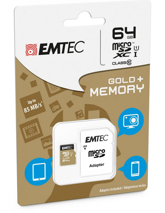 Speicherkarte microSDXC Emtec Gold+, 64Gb, Klasse 10 / UHS-1 U1, mit Adapter ECMSDM64GXC10GP