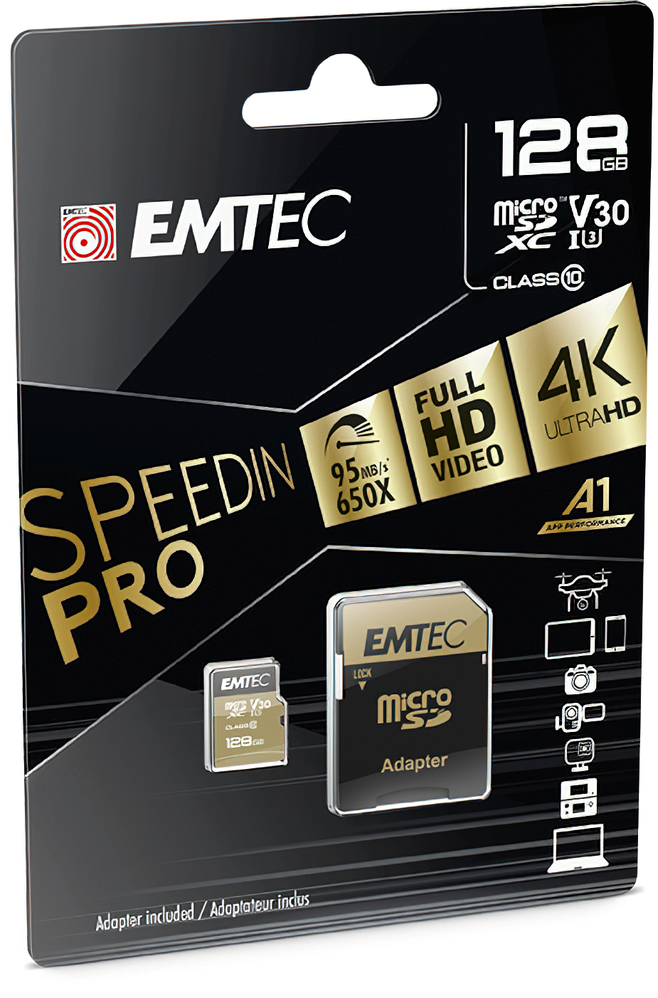 microSDXC Speicherkarte Emtec Speedin Pro Android A1, 128GB, Klasse 10 / UHS-1 U3, mit Adapter ECMSDM128GXE