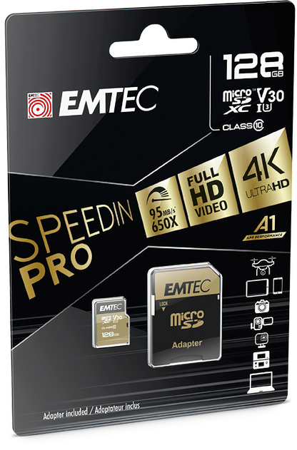microSDXC Speicherkarte Emtec Speedin Pro Android A1, 128GB, Klasse 10 / UHS-1 U3, mit Adapter ECMSDM128GXE