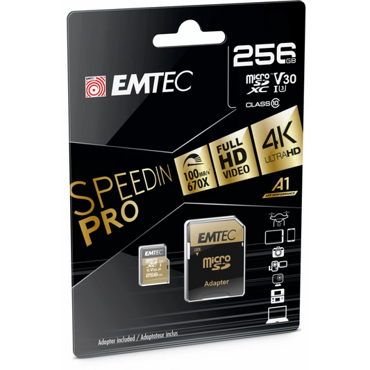 Speicherkarte microSDXC Emtec Speedin Pro Android A1, 256Gb, Klasse 10 / UHS-1 U3, mit Adapter ECMSDM256GXC10SP
