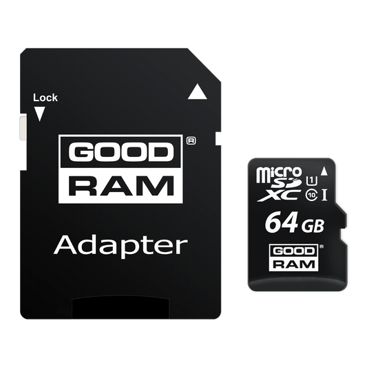 microSDXC Speicherkarte GoodRam, 64GB, Klasse 10 / UHS-1 U1, mit Adapter M1AA-0640R12