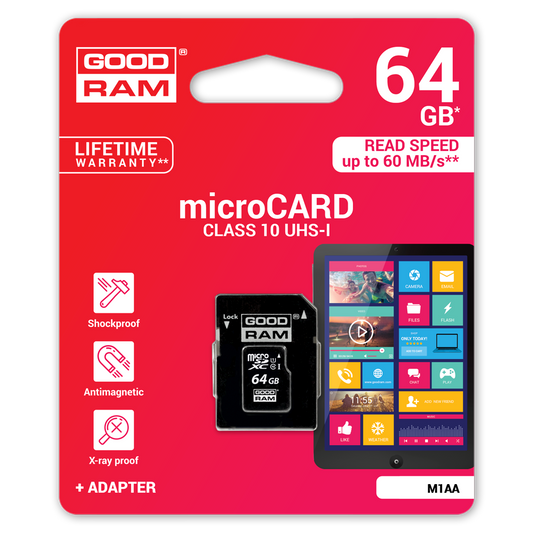 microSDXC Speicherkarte GoodRam, 64GB, Klasse 10 / UHS-1 U1, mit Adapter M1AA-0640R12