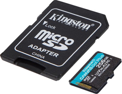 Kingston Canvas Go Plus microSDXC Memory Card Android A2, 256Gb, Class 10 / UHS-1 U3, With Adapter SDCG4/256GB